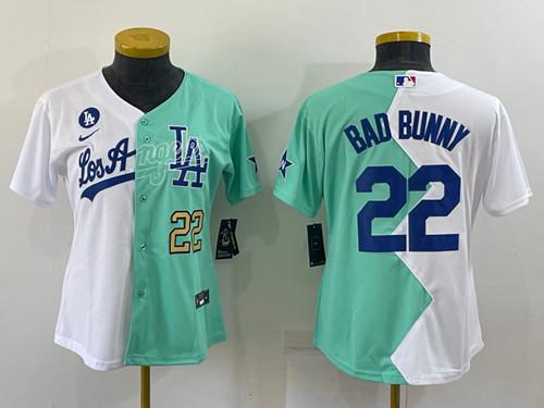 Women's Los Angeles Dodgers #22 Bad Bunny 2022 All-Star White/Green Split Stitched Baseball Jersey(Run Small)